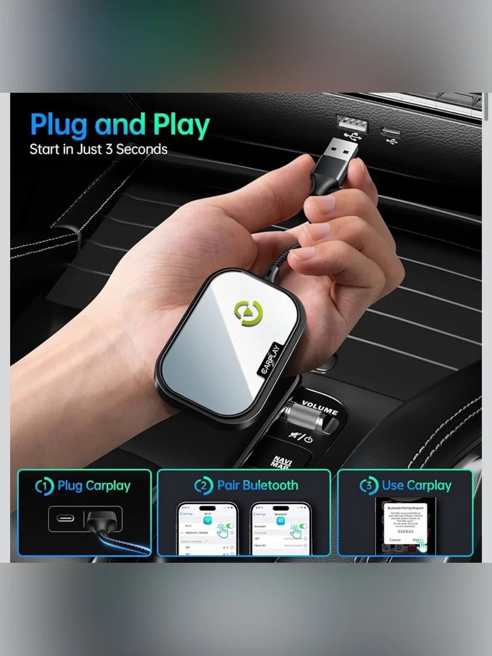 Wireless CarPlay Adapter Plug & Play Auto Connect for Cars from 2017 & iPhone